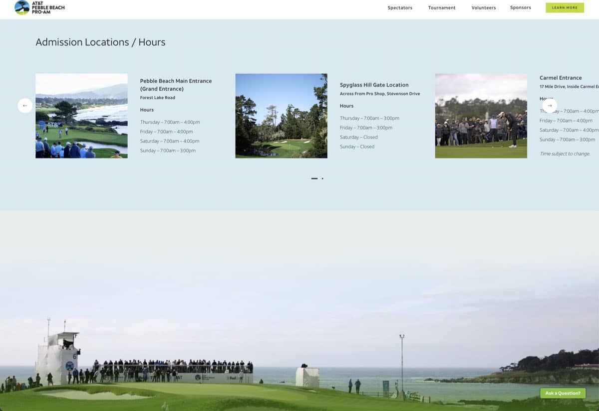attpbgolf.com admission page: a horizontal carousel of entrance locations, each with a photograph, address and opening hours