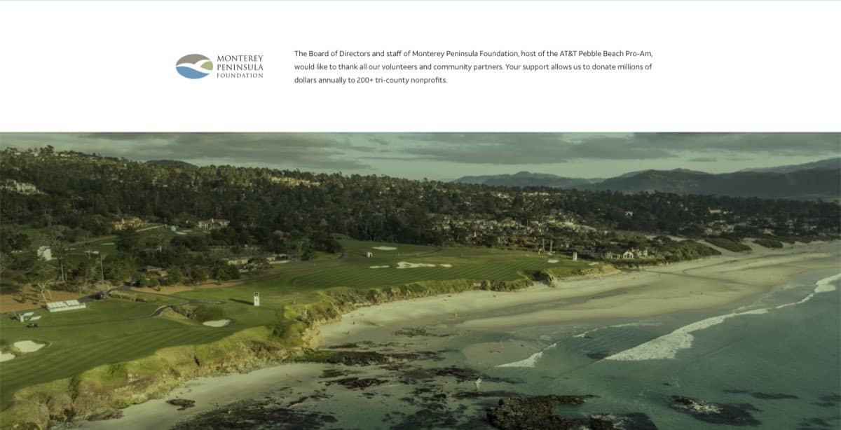 attpbgolf.com footer area crediting the host charitable foundation, above a wide aerial photograph of the coastline and course