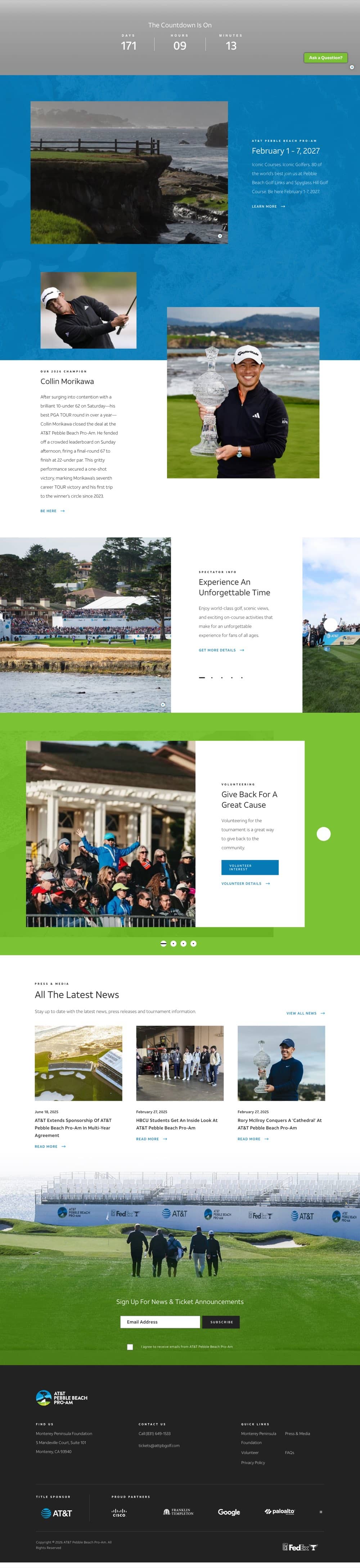 The remainder of the attpbgolf.com homepage, showing its sequence of photography-led sections down to the footer