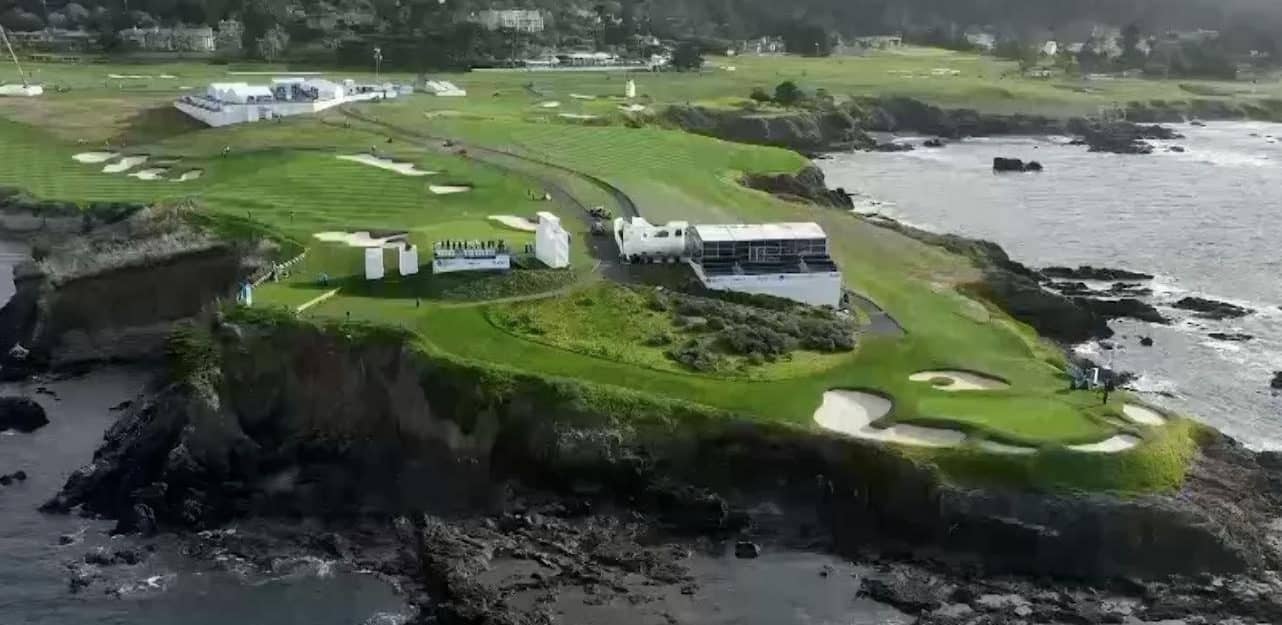 attpbgolf.com homepage hero showing an aerial view of the Pebble Beach coastline and golf course
