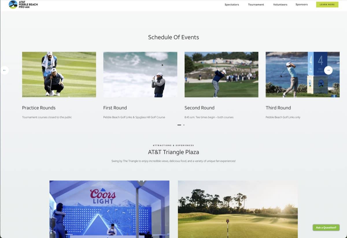 attpbgolf.com schedule of events: a row of cards, one per tournament round, each with a photograph, title and one-line detail