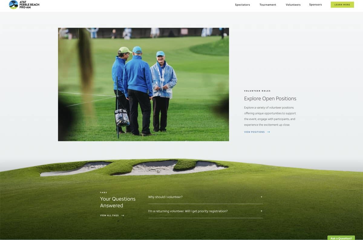attpbgolf.com volunteer section: a large photograph of volunteers on the course beside a short text panel, above an FAQ list set over a full-bleed image of a bunker